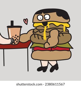 Ultra Processed Junk Food Hamburger Girl Go And Get Some Cup Of Bubble Milk Tea Concept Card Character illustration