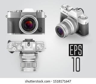 Ultra realistic 3d isometric camera set. With black leather part. Retro style photo camera. Top front and 3d view vector illustration