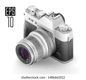 Ultra realistic 3d isometric SLR retro style photo camera. With leather part. Top view isolated on white background. Vector illustration