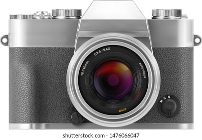 Ultra realistic 3d SLR retro style photo camera. With leather part. Front view isolated on white background. Vector illustration