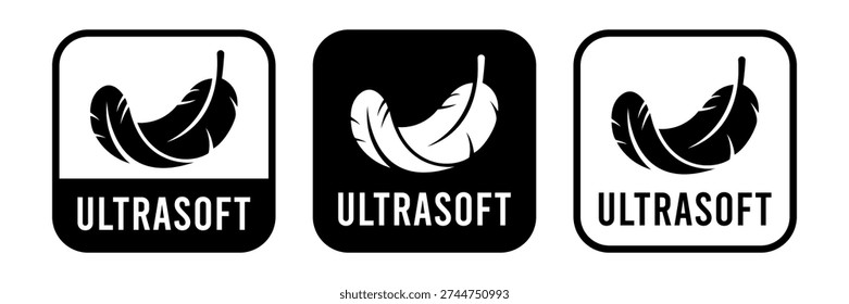 Ultra soft with feather icon set. High comfort structure, ultrasoft, ultra, thin, slim, softness, lightweight, sensitive skin, comfort fabric softener icons, label, logo, line, vector, illustration.