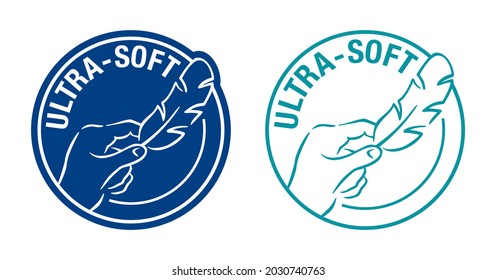 Ultra Soft - icon of properties for toilet paper, napkins, towel or woman hygiene. Isolated vector stamp with hand touching feather