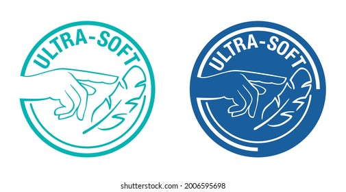 Ultra Soft Properties Icon For Toilet Paper, Napkins, Towel Or Woman Hygiene. Isolated Vector Stamp With Hand Touching Feather