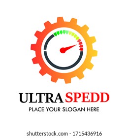 Ultra speed meter with gear vector logo template. This design is suitable for factory, engineering, car, machine, industrial.