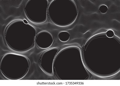 Ultra thin line bubble fluid geometry. Dynamic vector spherical distorted surface. Digital fractal 3d foam. Minimalistic graphics on black background.