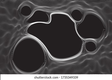 Ultra thin line bubble fluid geometry. Dynamic vector spherical distorted surface. Digital fractal 3d foam. Minimalistic graphics on black background.