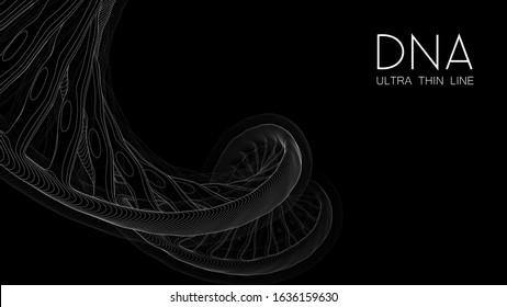 Ultra thin line DNA double helix illustration. Mysterious source of life trendy background. Genom 3d futuristic science image. Conceptual design of genetics information on black backdrop