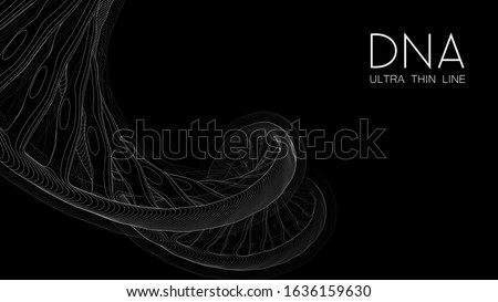 Ultra thin line DNA double helix illustration. Mysterious source of life trendy background. Genom 3d futuristic science image. Conceptual design of genetics information on black backdrop