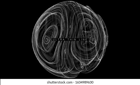 Ultra thin line fluid geometry. Dynamic vector distorted spheres. Digital fractal 3d swirl. Futuristic sound or data waveform. Chaotic particle wave motion trails.