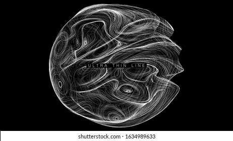 Ultra thin line fluid geometry. Dynamic vector distorted spheres. Digital fractal 3d swirl. Futuristic sound or data waveform. Chaotic particle wave motion trails.