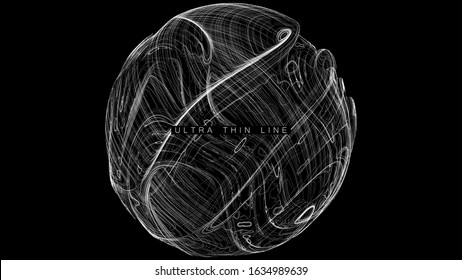 Ultra thin line fluid geometry. Dynamic vector distorted spheres. Digital fractal 3d swirl. Futuristic sound or data waveform. Chaotic particle wave motion trails.