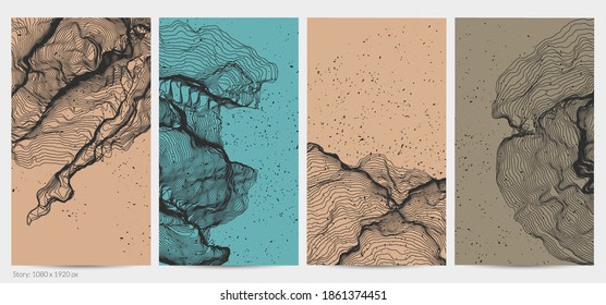 Forma de red de línea ultrafina. Resumen de geometría de modelado de computadora 3D. Ola de sonido futurista que interactúa con partículas aleatorias. Textura de cultivo de moho en fondo plano de color terrenal.