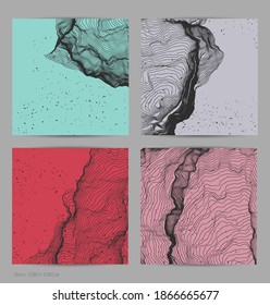 Forma de red de línea ultrafina. Resumen de geometría de modelado de computadora 3D. Ola de sonido futurista que interactúa con partículas aleatorias. Textura de cultivo de moho en fondo plano de color terrenal.