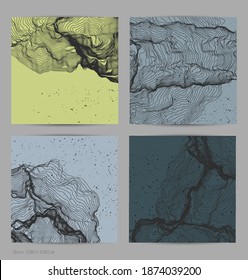 Ultra dünne Netzform. Abstrakte 3D-Computermodellierung der Wissenschaftsgeometrie. Futuristische Schallwelle, die mit zufälligen Teilchen interagiert. Mühselige, wachsende Textur auf flachem irdischem Hintergrund.