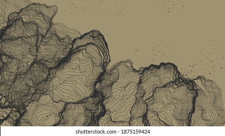 Ultra thin line net shape. Abstract 3D computer modeling science geometry. Futuristic sound wave interacting with random particles. Mold growing texture on flat earthly colored background.