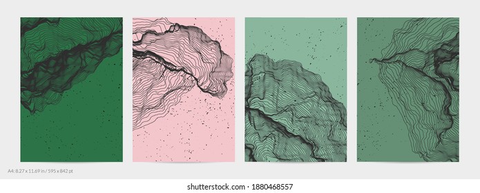 Forma de red de línea ultrafina. Resumen de geometría de modelado de computadora 3D. Ola de sonido futurista que interactúa con partículas aleatorias. Textura de cultivo de moho en fondo plano de color terrenal.