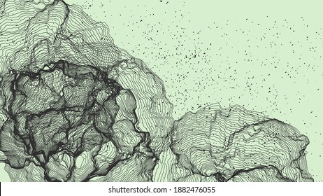 Forma de red de línea ultrafina. Resumen de geometría de modelado de computadora 3D. Ola de sonido futurista que interactúa con partículas aleatorias. Textura de cultivo de moho en fondo plano de color terrenal.
