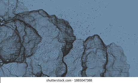 Ultra thin line net shape. Abstract 3D computer modeling science geometry. Futuristic sound wave interacting with random particles. Mold growing texture on flat earthly colored background.