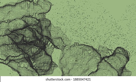 Ultra thin line net shape. Abstract 3D computer modeling science geometry. Futuristic sound wave interacting with random particles. Mold growing texture on flat earthly colored background.