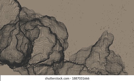 Ultra thin line net shape. Abstract 3D computer modeling science geometry. Futuristic sound wave interacting with random particles. Mold growing texture on flat earthly colored background.
