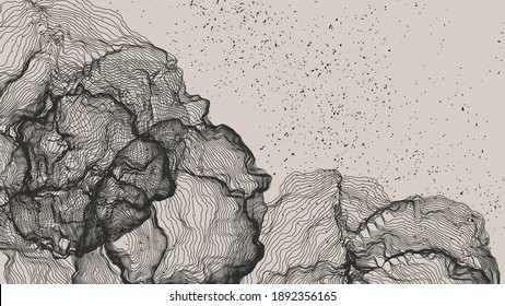 Ultra thin line net shape. Abstract 3D computer modeling science geometry. Futuristic sound wave interacting with random particles. Mold growing texture on flat earthly colored background.
