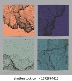 Ultra thin line net shape. Abstract 3D computer modeling science geometry. Futuristic sound wave interacting with random particles. Mold growing texture on flat earthly colored background.