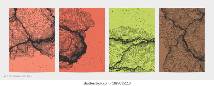 Ultra thin line net shape. Abstract 3D computer modeling science geometry. Futuristic sound wave interacting with random particles. Mold growing texture on flat earthly colored background.