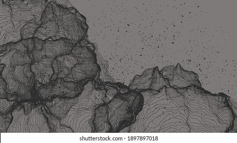 Forma de red de línea ultrafina. Resumen de geometría de modelado de computadora 3D. Ola de sonido futurista que interactúa con partículas aleatorias. Textura de cultivo de moho en fondo plano de color terrenal.