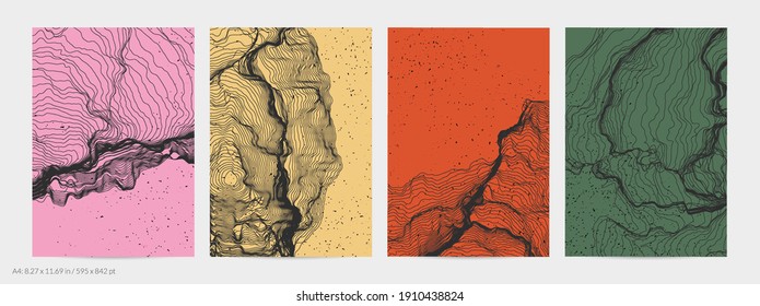 Ultra thin line net shape. Abstract 3D computer modeling science geometry. Futuristic sound wave interacting with random particles. Mold growing texture on flat earthly colored background.