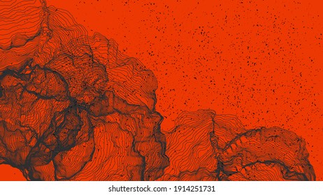 Ultra thin line net shape. Abstract 3D computer modeling science geometry. Futuristic sound wave interacting with random particles. Mold growing texture on flat earthly colored background.