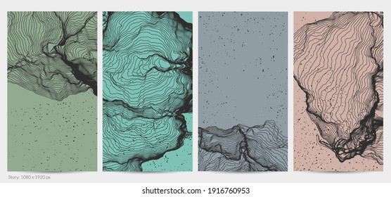 Ultra thin line net shape. Abstract 3D computer modeling science geometry. Futuristic sound wave interacting with random particles. Mold growing texture on flat earthly colored background.