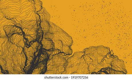 Ultra thin line net shape. Abstract 3D computer modeling science geometry. Futuristic sound wave interacting with random particles. Mold growing texture on flat earthly colored background.