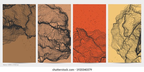 Ultra thin line net shape. Abstract 3D computer modeling science geometry. Futuristic sound wave interacting with random particles. Mold growing texture on flat earthly colored background.