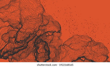 Forma de red de línea ultrafina. Resumen de geometría de modelado de computadora 3D. Ola de sonido futurista que interactúa con partículas aleatorias. Textura de cultivo de moho en fondo plano de color terrenal.