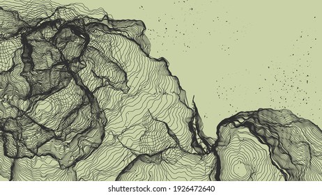 Ultra thin line net shape. Abstract 3D computer modeling science geometry. Futuristic sound wave interacting with random particles. Mold growing texture on flat earthly colored background.