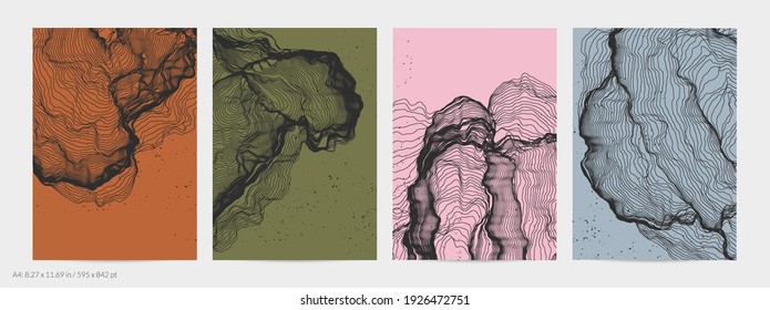 Ultra thin line net shape. Abstract 3D computer modeling science geometry. Futuristic sound wave interacting with random particles. Mold growing texture on flat earthly colored background.