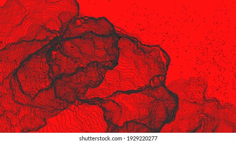 Ultra dünne Netzform. Abstrakte 3D-Computermodellierung der Wissenschaftsgeometrie. Futuristische Schallwelle, die mit zufälligen Teilchen interagiert. Mühselige, wachsende Textur auf flachem irdischem Hintergrund.