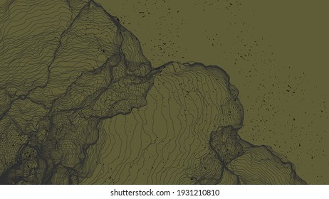 Ultra dünne Netzform. Abstrakte 3D-Computermodellierung der Wissenschaftsgeometrie. Futuristische Schallwelle, die mit zufälligen Teilchen interagiert. Mühselige, wachsende Textur auf flachem irdischem Hintergrund.
