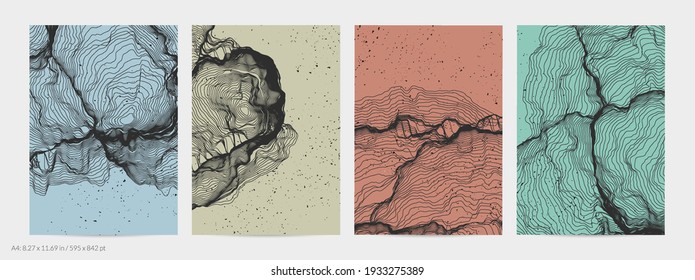 Ultra thin line net shape. Abstract 3D computer modeling science geometry. Futuristic sound wave interacting with random particles. Mold growing texture on flat earthly colored background.