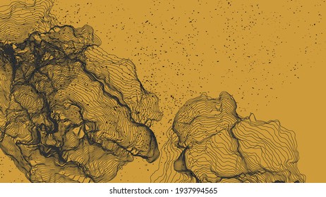 Ultra thin line net shape. Abstract 3D computer modeling science geometry. Futuristic sound wave interacting with random particles. Mold growing texture on flat earthly colored background.