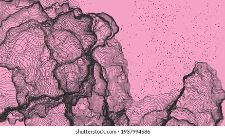 Forma de red de línea ultrafina. Resumen de geometría de modelado de computadora 3D. Ola de sonido futurista que interactúa con partículas aleatorias. Textura de cultivo de moho en fondo plano de color terrenal.