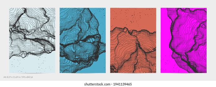 Ultra thin line net shape. Abstract 3D computer modeling science geometry. Futuristic sound wave interacting with random particles. Mold growing texture on flat earthly colored background.