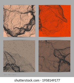 Ultra thin line net shape. Abstract 3D computer modeling science geometry. Futuristic sound wave interacting with random particles. Mold growing texture on flat earthly colored background.