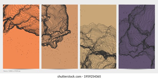Ultra thin line net shape. Abstract 3D computer modeling science geometry. Futuristic sound wave interacting with random particles. Mold growing texture on flat earthly colored background.