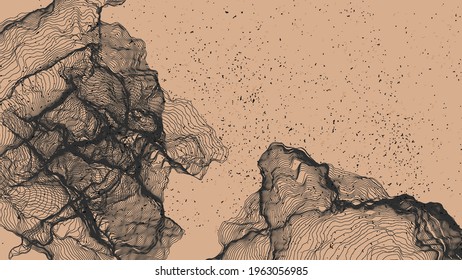 Ultra thin line net shape. Abstract 3D computer modeling science geometry. Futuristic sound wave interacting with random particles. Mold growing texture on flat earthly colored background.