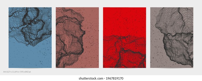 Ultra thin line net shape. Abstract 3D computer modeling science geometry. Futuristic sound wave interacting with random particles. Mold growing texture on flat earthly colored background.