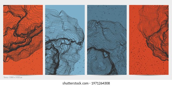 Ultra thin line net shape. Abstract 3D computer modeling science geometry. Futuristic sound wave interacting with random particles. Mold growing texture on flat earthly colored background.