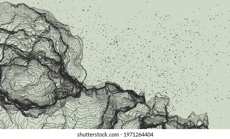Ultra thin line net shape. Abstract 3D computer modeling science geometry. Futuristic sound wave interacting with random particles. Mold growing texture on flat earthly colored background.