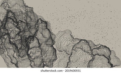 Ultra thin line net shape. Abstract 3D computer modeling science geometry. Futuristic sound wave interacting with random particles. Mold growing texture on flat earthly colored background.