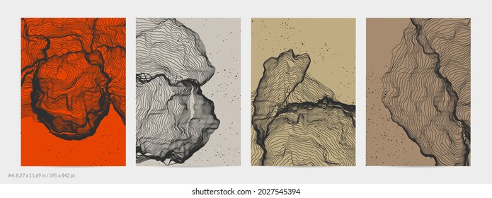 Forma de red de línea ultrafina. Resumen de geometría de modelado de computadora 3D. Ola de sonido futurista que interactúa con partículas aleatorias. Textura de cultivo de moho en fondo plano de color terrenal.